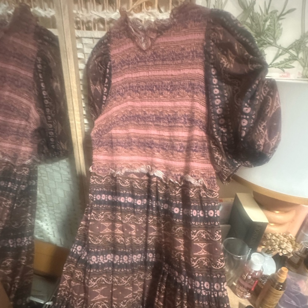 Olithia Anthropologie puff Sleeve Patterned Dress - Brown, Cream, Purple, Pinks